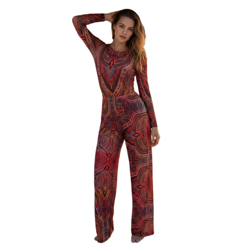 Womens Long Sleeve Printed Mesh Swimsuit with Pants 2 Piece Beach Bathing Suit